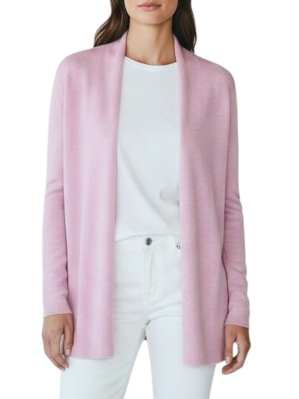 EILEEN FISHER Open Front Organic Cotton Silk Long Cardigan in PINK Size M PETITE